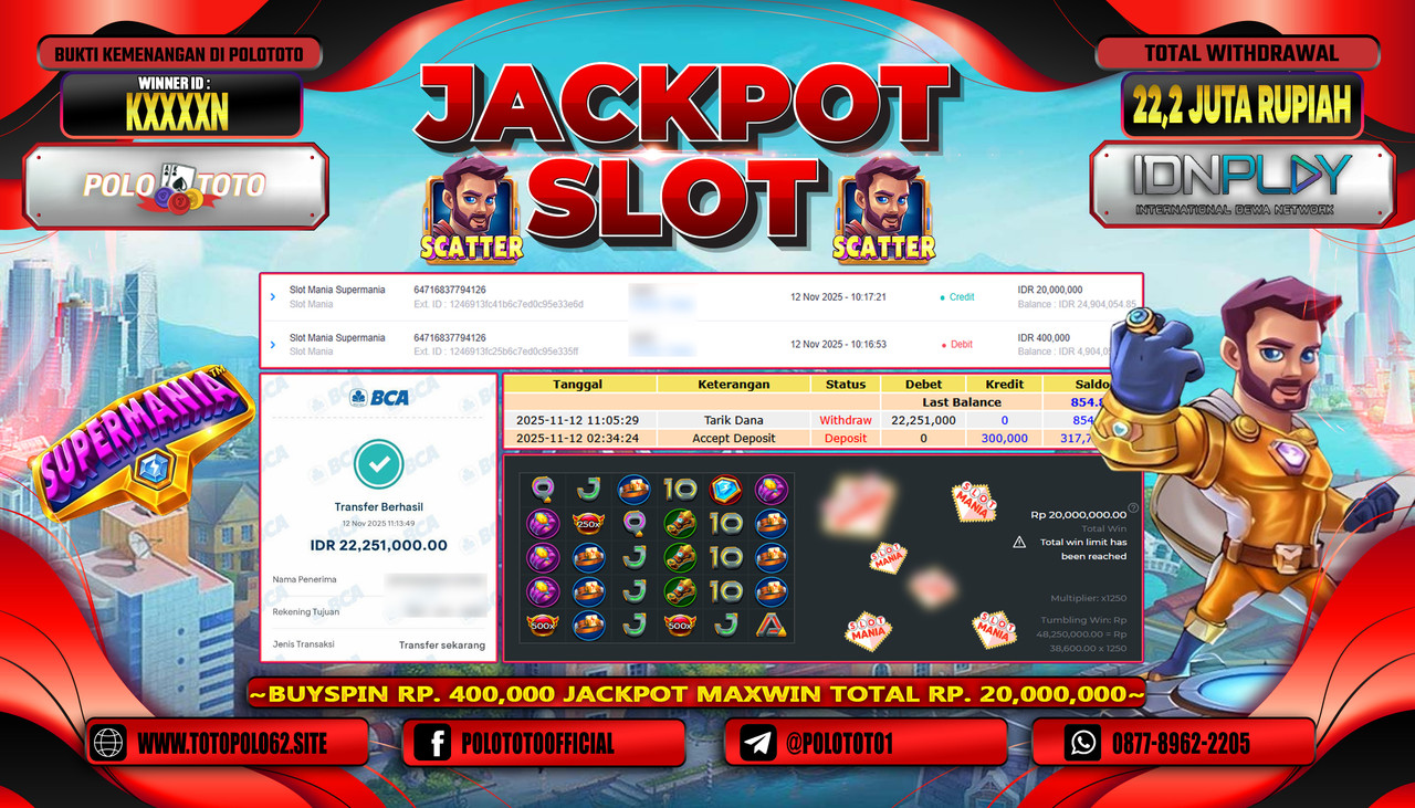 POLOTOTO JACKPOT SLOT MANIA SUPERMANIA Rp.22.200.000,- LUNAS