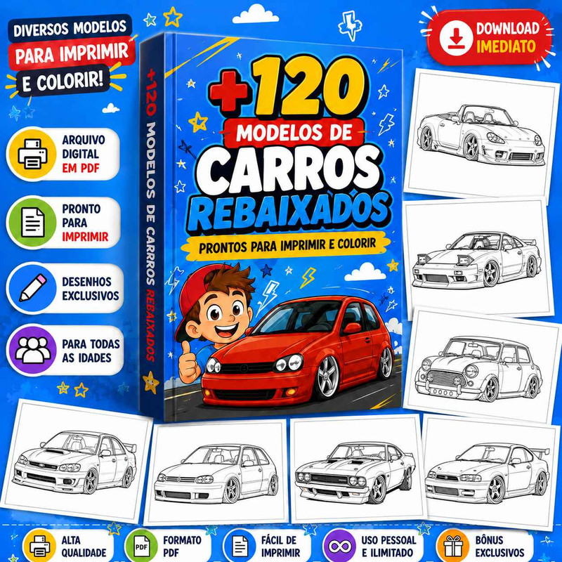 Mockup do Livro com Desenhos de Carros Rebaixados e Customizados