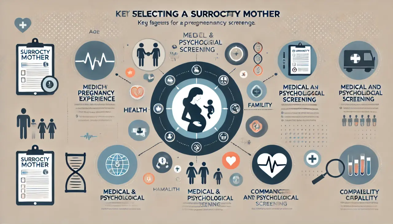 Factors for choosing a surrogate mother, including age, experience, medical screening, and compatibility.