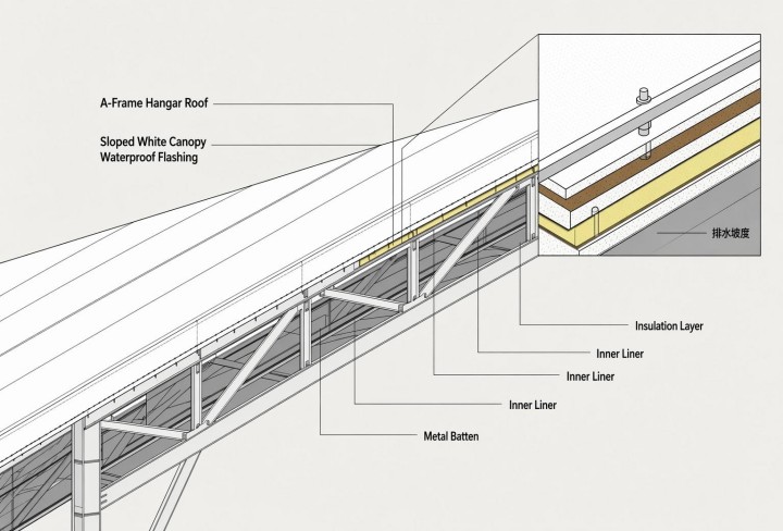 Aircraft hangar tent exterior showing completed structure