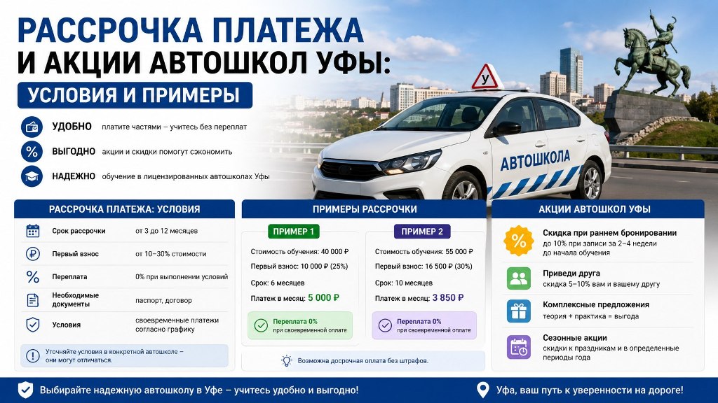 Рассрочка платежа и акции автошкол Уфы: условия и примеры