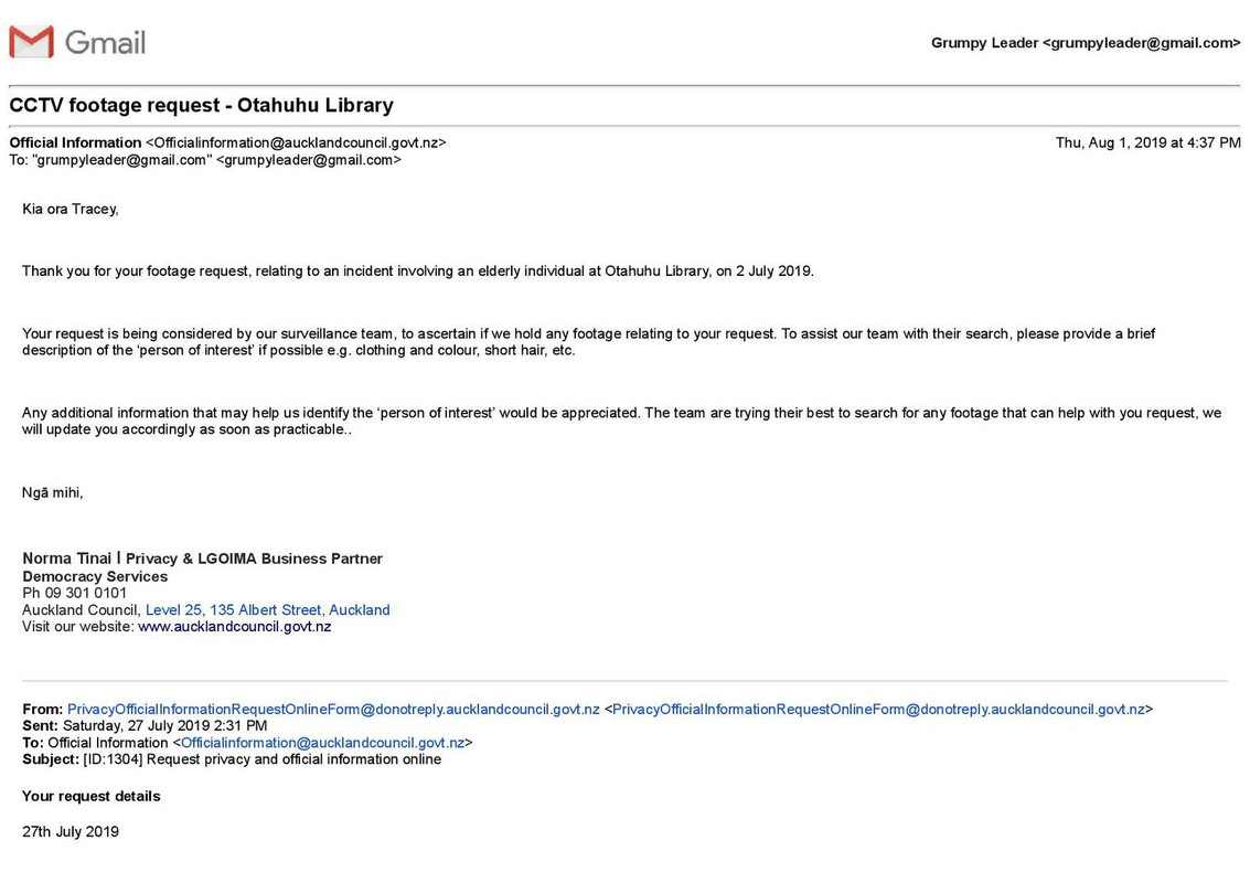 01.08.2019, Response CCTV footage request - Otahuhu Library