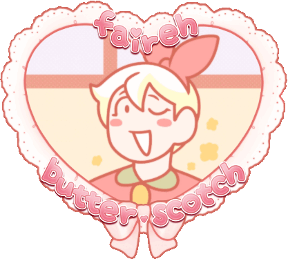 a gif that has "faireh" at the top and "butterscotch" at the bottom encircling it, the text being written in the font "fancyheart" and is a light pink with a gradient on it. the gif consists of bonnie from bonnie's bakery. it shows her smiling and winking with yellow flowers popping out. the background consists of a wall and window. the image slowly fades to bonnie looking disgruntled and huffing. the gif then fades back to the first image. the image is cropped and edited into white heart shaped lace with a bow at the bottom and has a warm light overlay over it.