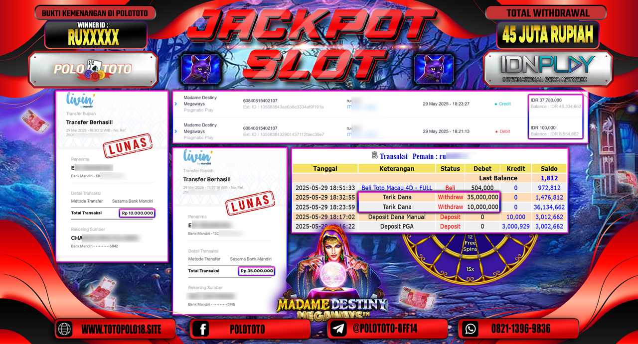 POLOTOTO JACKPOT SLOT MADAME DESTINY MEGAWAYS Rp.45.00.000,-