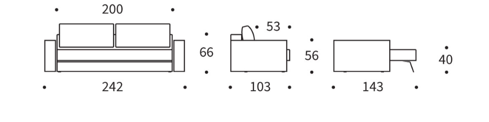 Schéma dimensions Akello Sofa Bed With Arms Innovation Living — L242 × P103 × H66 cm, lit 143×200 cm