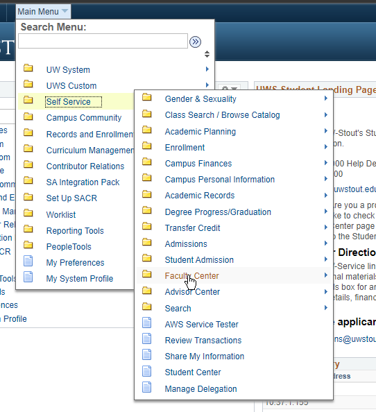 Main Menu, Self Service, and Faculty Center