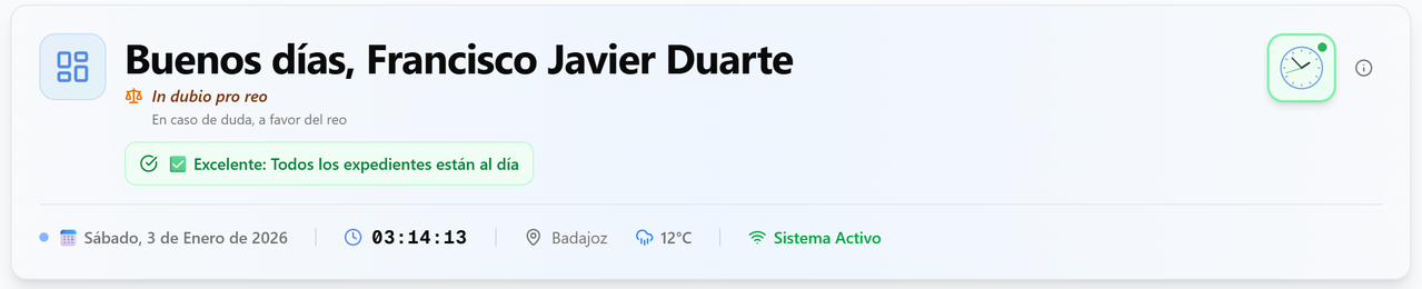 Control horario LexFlow - Botón trabajando con timer activo para registro de jornada laboral