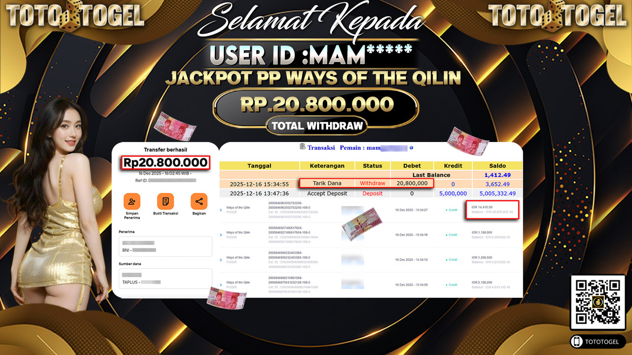 Bukti Pembayaran Jackpot Permainan Slot Ways Of The Qilin ID:MAM***** LUNAS