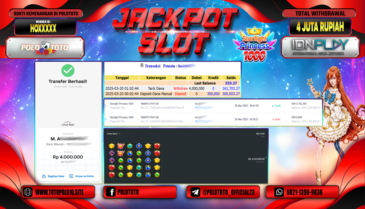 POLOTOTO JACKPOT SLOT STARLIGHT PRINCESS 1000 Rp.4.000.000,-