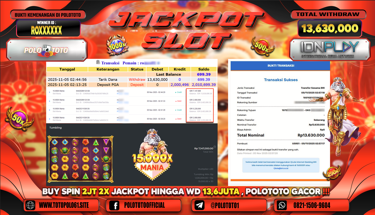 POLOTOTO JACKPOT SLOT 15.000X MANIA Rp.13.630.000,- LUNAS