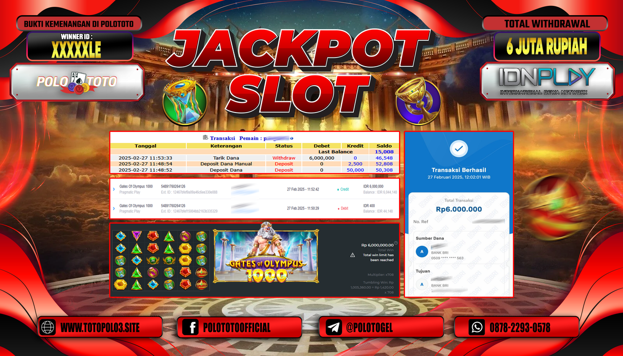 POLOTOTO JACKPOT SLOT GATES OF OLYMPUS 1000 Rp.6.000.000,-