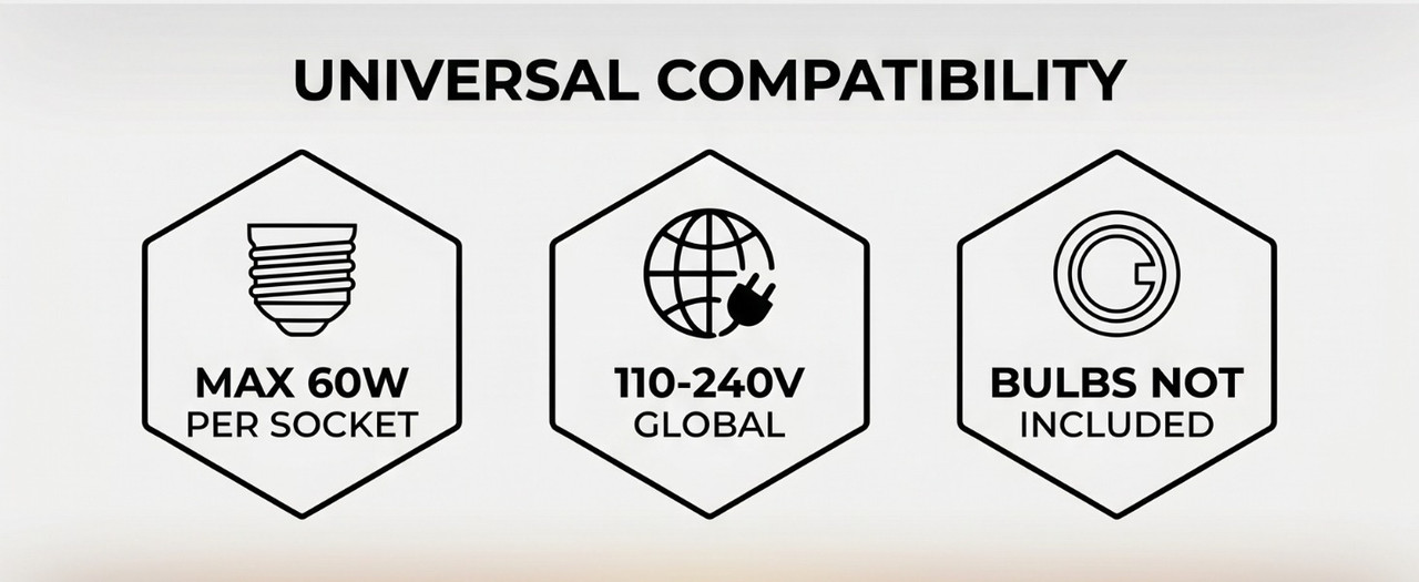 Universal compatibility icons showing maximum 60W per socket, 110-240V global voltage support, and bulbs not included notice