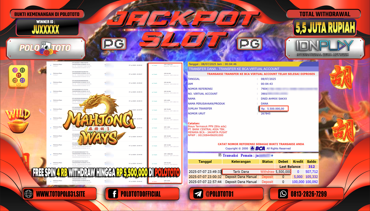 POLOTOTO JACKPOT SLOT MAHJONG WAYS Rp.5.500.000,-