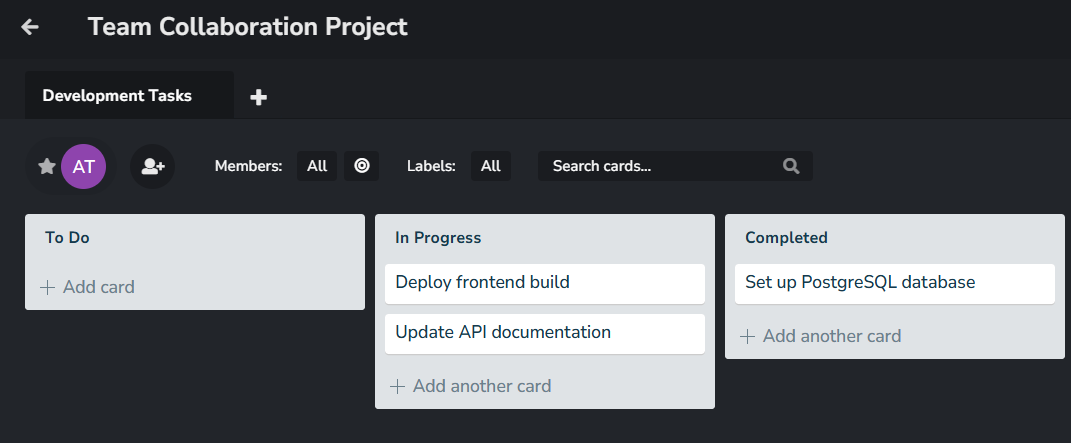 Planka Kanban board with lists and task cards