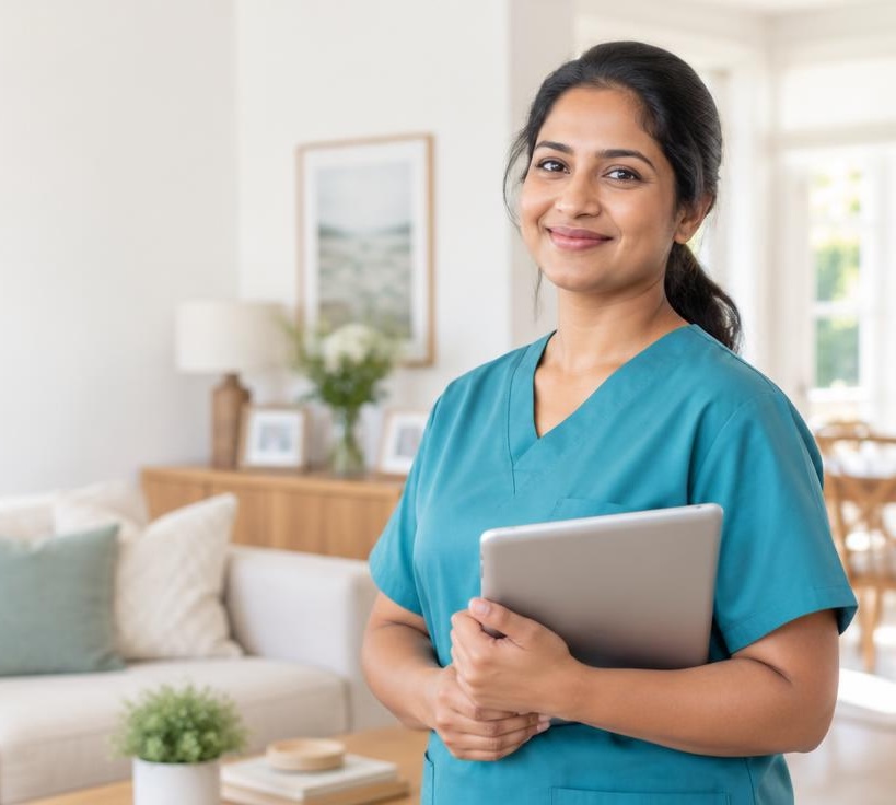 An independent caregiver holding a tablet