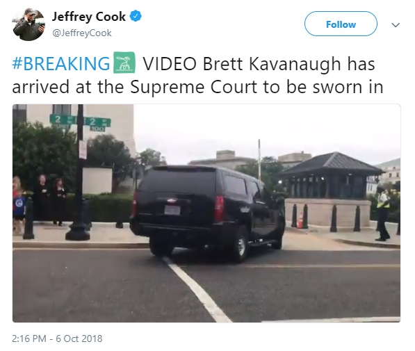 #BREAKING VIDEO Brett Kavanaugh has arrived at the Supreme Court to be sworn in