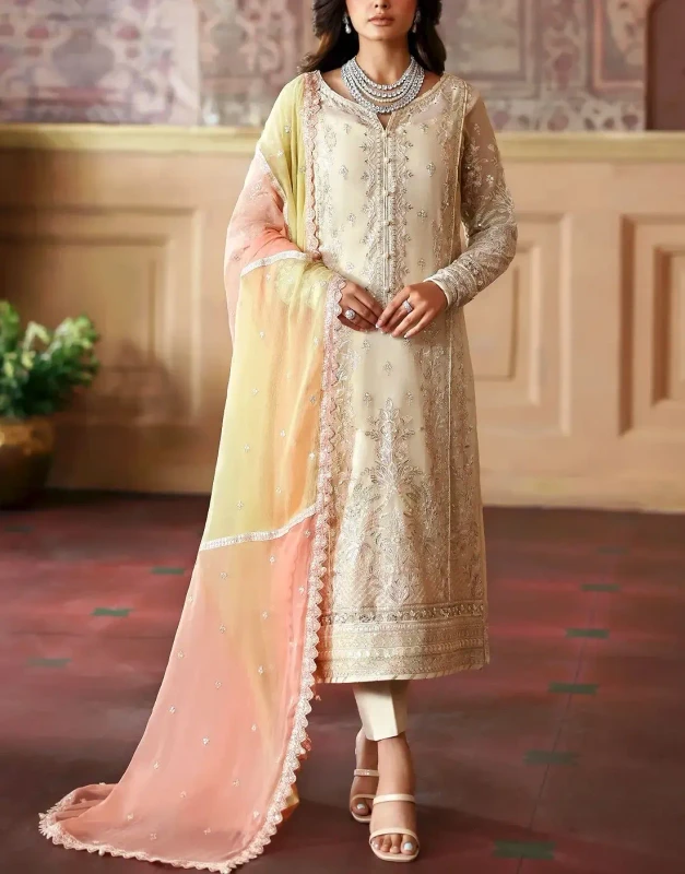 Ivory Embroidered Chiffon Wedding Dress – Unstitched Luxury Party & Wedding Outfit with Hand-Embellishments