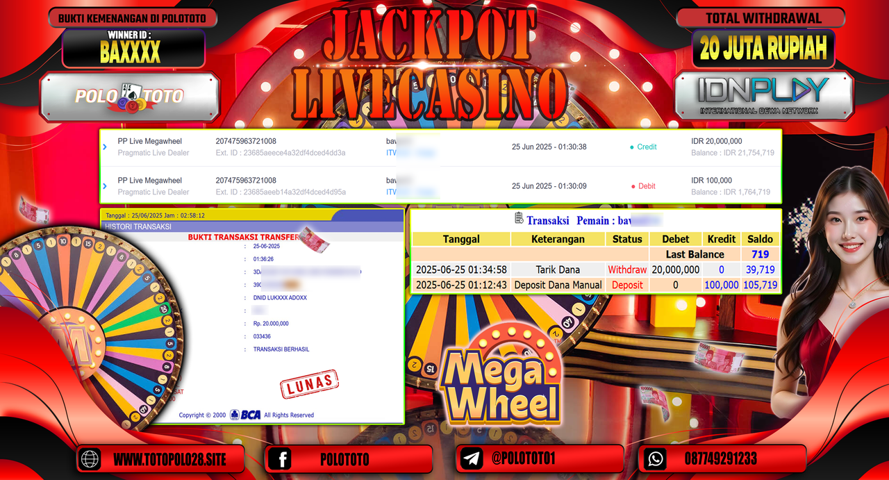 POLOTOTO JACKPOT LIVE CASINO PP LIVE MEGAWHEEL Rp.20.000.000,-