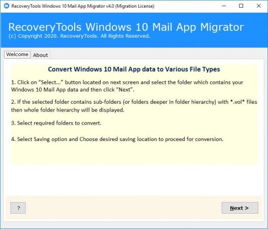 RecoveryTools Windows 10 Mail App Migrator v4.2