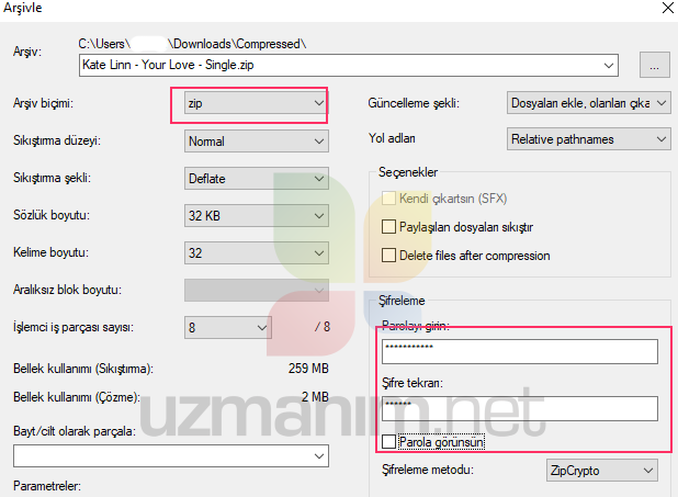 şifreli zip dosyası oluşturma