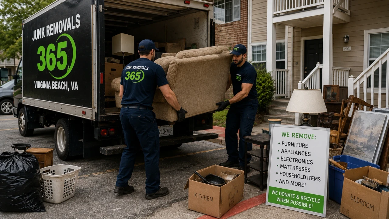 Junk removal crew loading bulky items at a Virginia Beach apartment cleanout