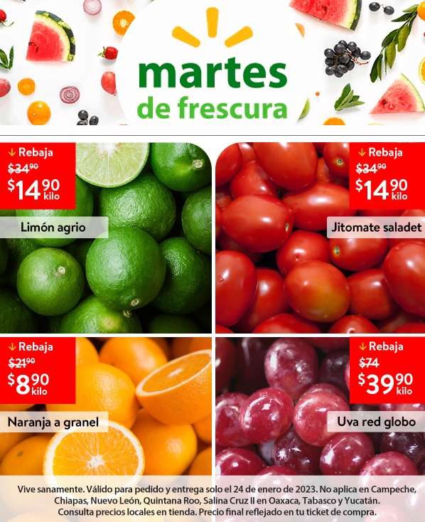 Walmart: Martes de Frescura 24 Enero: Naranja $8.90 kg • Jitomate ó Limón $14.90 kg • Uva Globo $39.90 kg 
