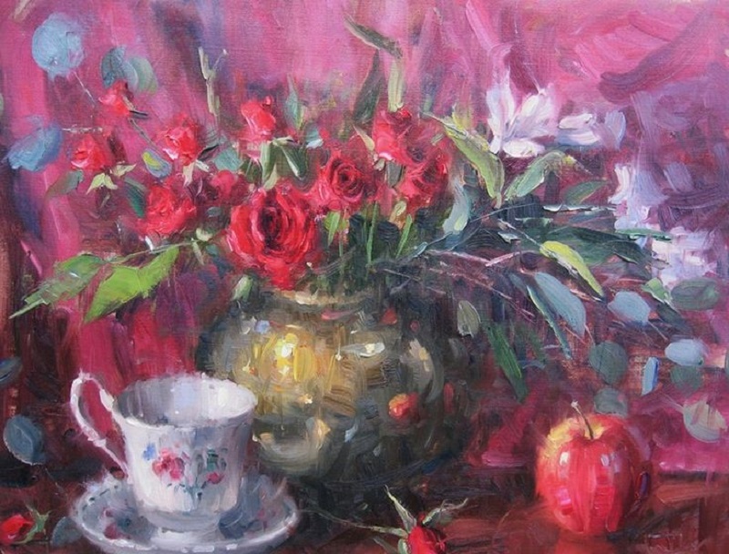 Impressionizm-E-J-Paprocki-Kartina-Tea-Roses-16h20-dyuymov-holst-maslo