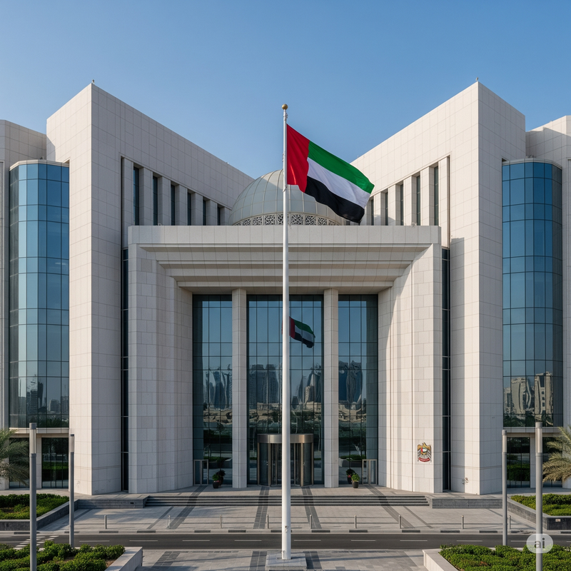 Modern UAE government building with the UAE flag, symbolizing stability