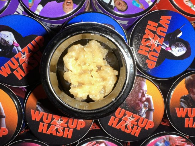 Wazzup Hash Baller Jar 3.5‑gram solventless hash rosin with bold flavors like Pink Punch, Grape, Peach Ringz, Blueberry Diesel, Tropical Gelato, and Zaza.