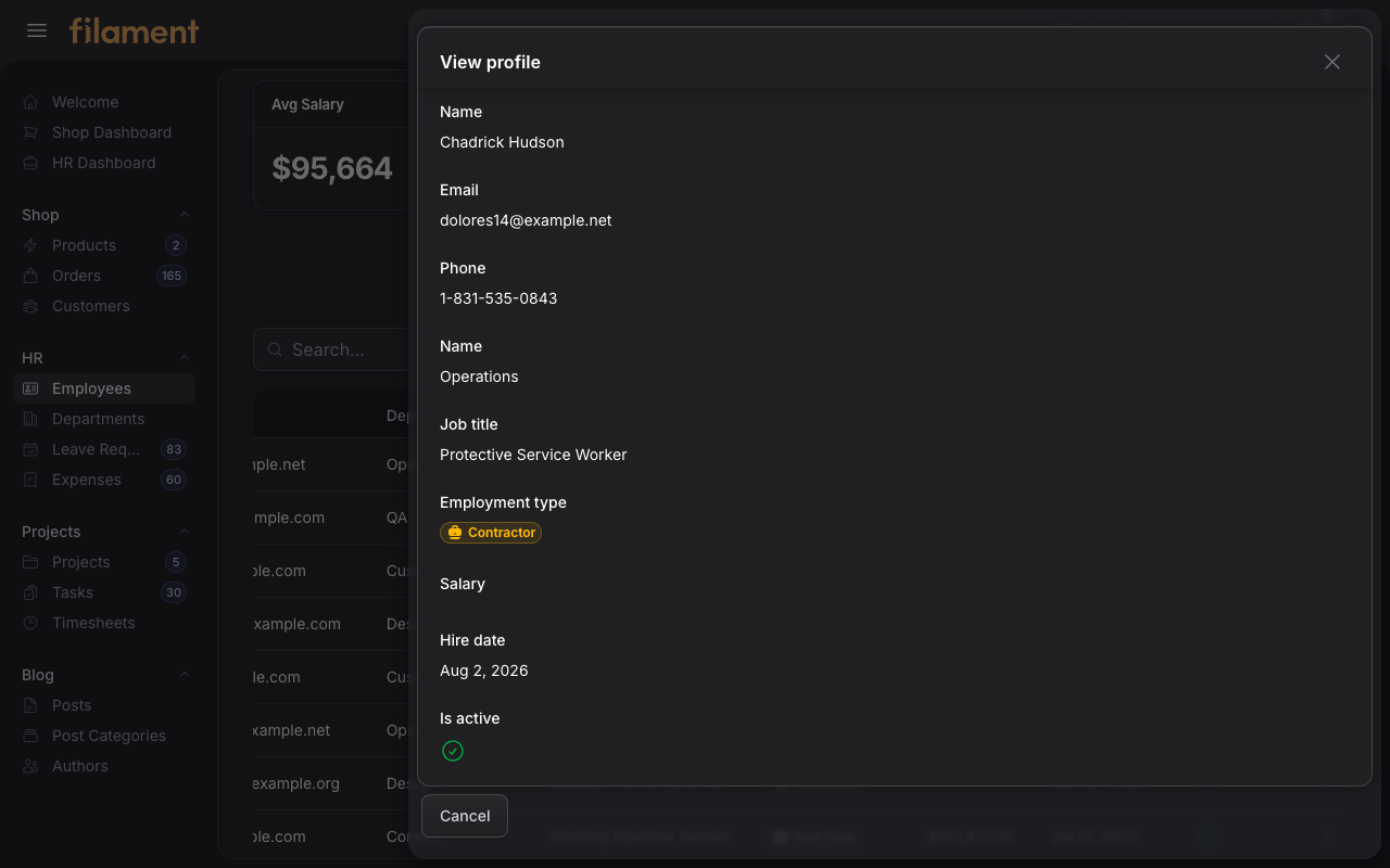 Stature Theme employee profile drawer in dark mode