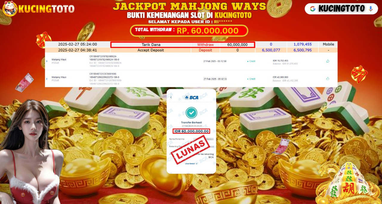 KUCINGTOTO JACKPOT SLOT MAHJONG WAYS RP.60.000.000.,- LUNAS