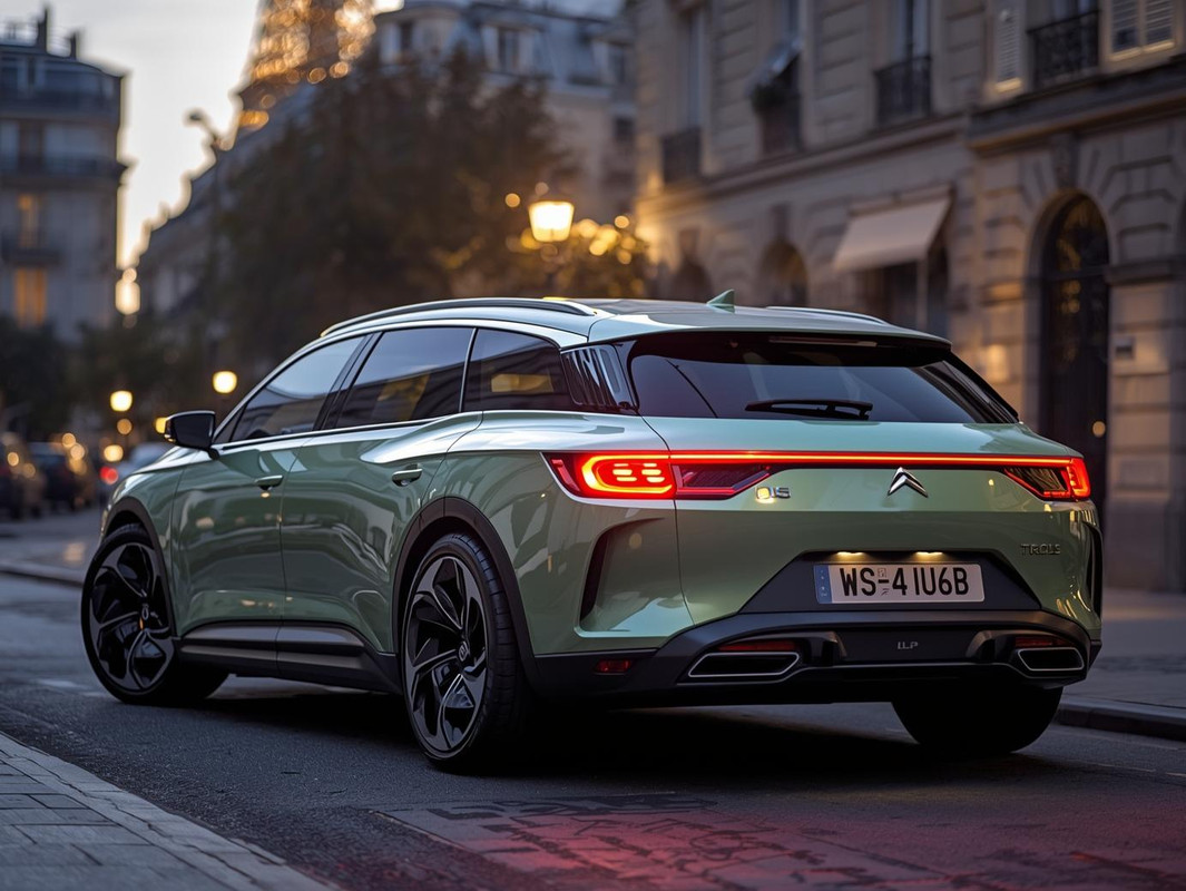 A futuristic reinterpretation of the Citroën DS Break, viewed from the rear left side, parked on a P