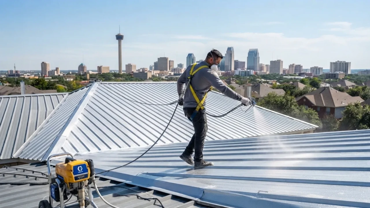 Professional painting a metal roof in San Antonio Texas with a spray system