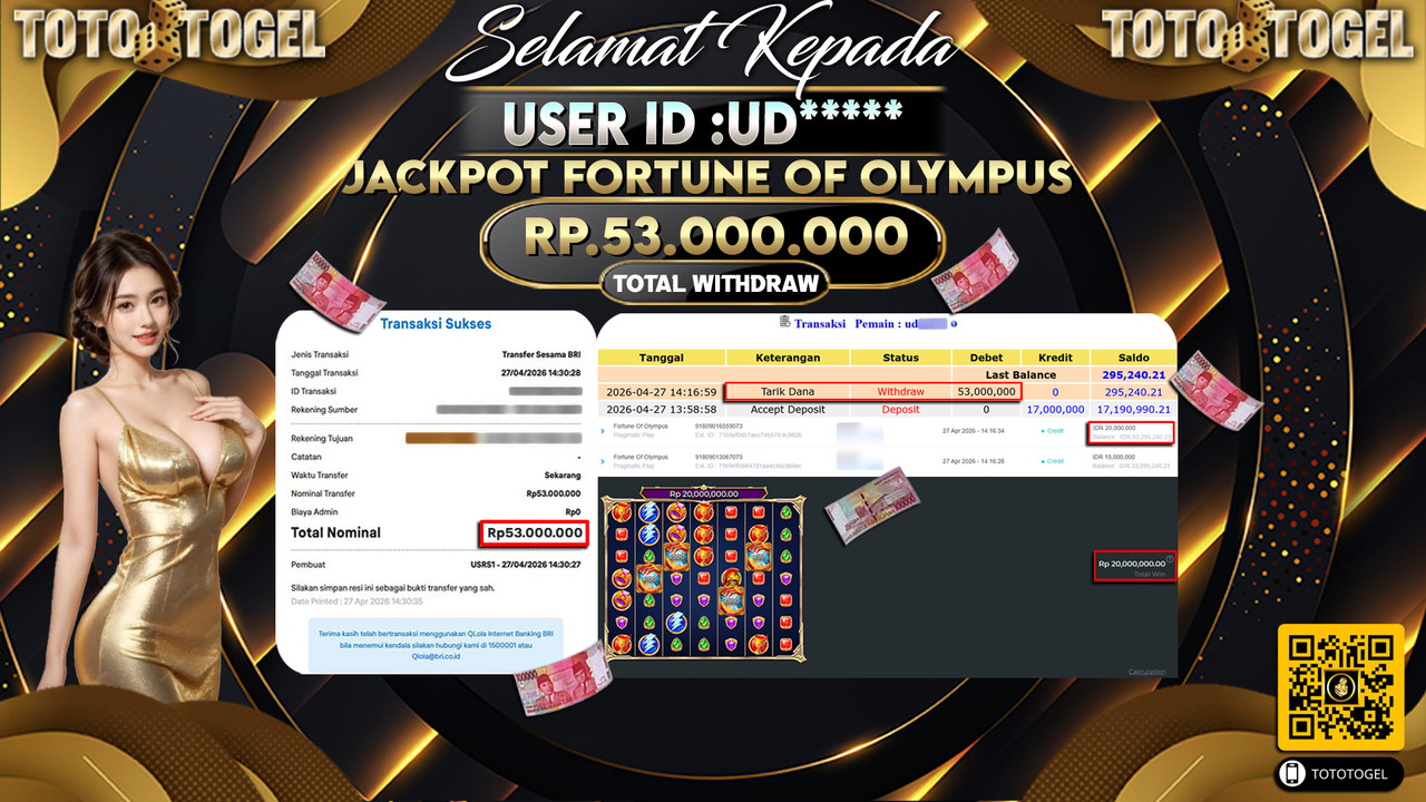 Bukti Pembayaran Jackpot Permainan Slot Fortune Of Olympus ID:UD*****LUNAS