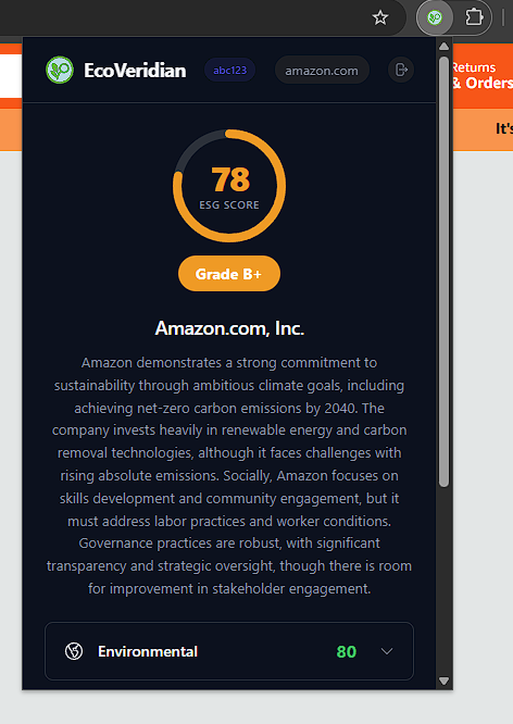 EcoVeridian popup showing analysis results