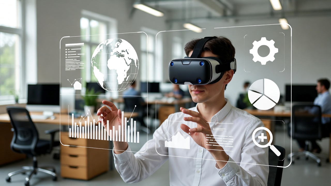 Mixed reality workspace showing metaverse integration with physical office environment