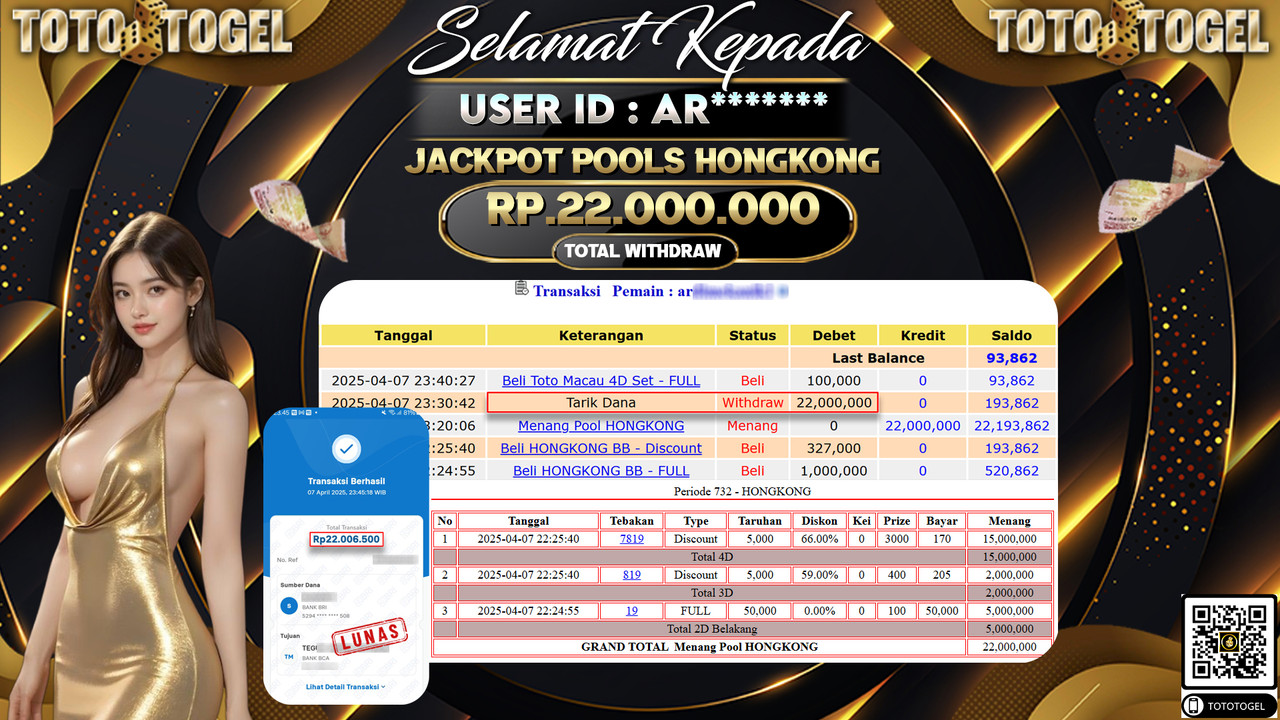Bukti Pembayaran Jackpot  Permainan Togel Pools hongkong ID:AR**** LUNAS