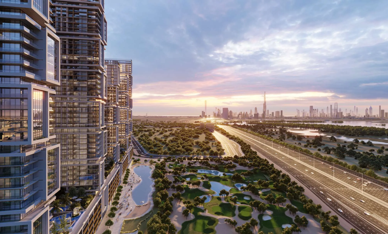 Luxury exterior architectural rendering of Sobha One - Tower C overlooking Ras Al Khor with modern high‑rise towers, landscaped podium and golf course surroundings showcasing a premium Dubai waterfront lifestyle property opportunity presented as a Distress Deal