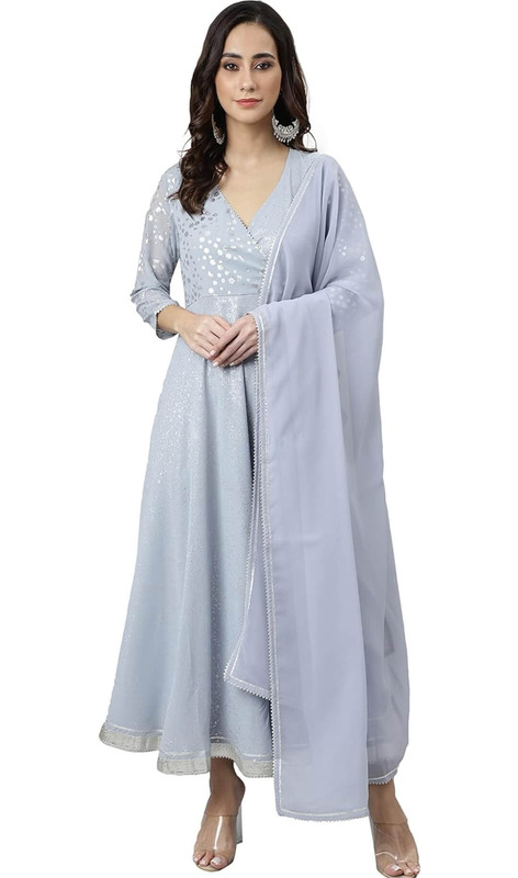 Janasya Women's Grey Georgette Foil Print Kurta with Dupatta