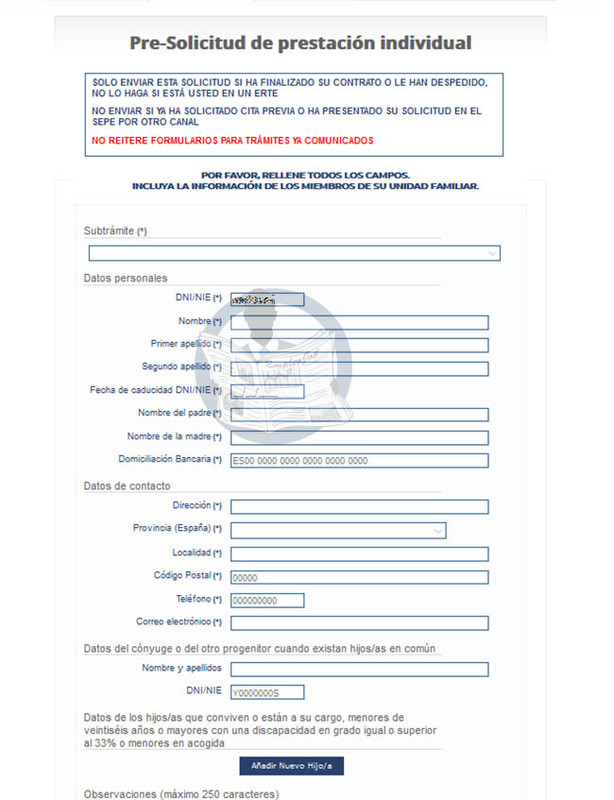 formulario pre-solicitud de prestación individual del SEPE