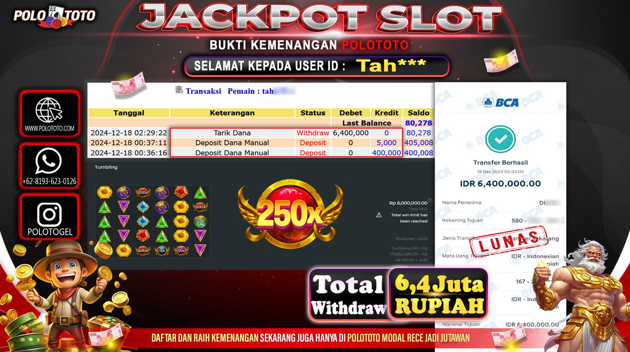 POLOTOTO JACKPOT SLOT GATES OF OLYMPUS Rp.6,400.000,-