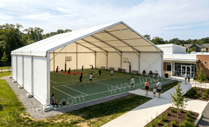 Interior of basketball tent with seating