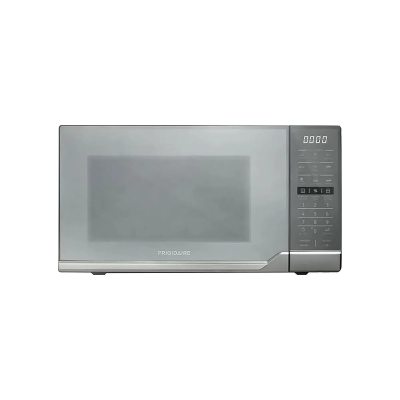 Microondas Frigidaire compacto de 0.6 pies cúbicos en color gris con panel digital