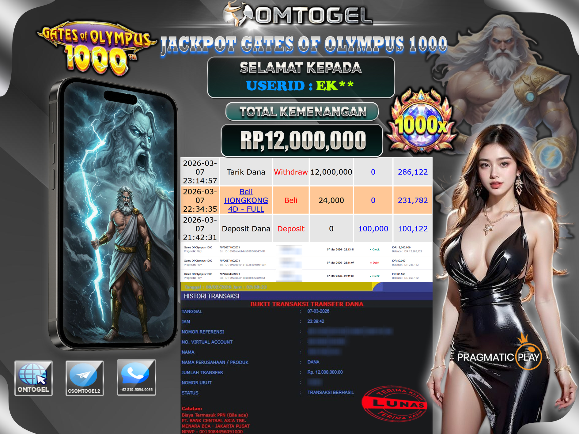 OMTOGEL JACKPOT PRAGMATIC PLAY GATES OF OLYMPUS 1000, 12 JUTA DI BAYAR LUNAS ,-
