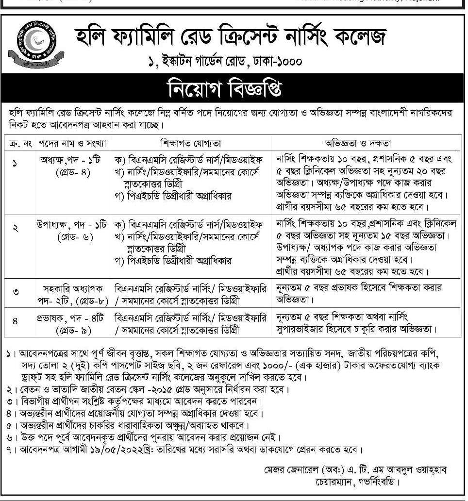 Holy Family Red-Crescent Nursing College Job Circular 2022