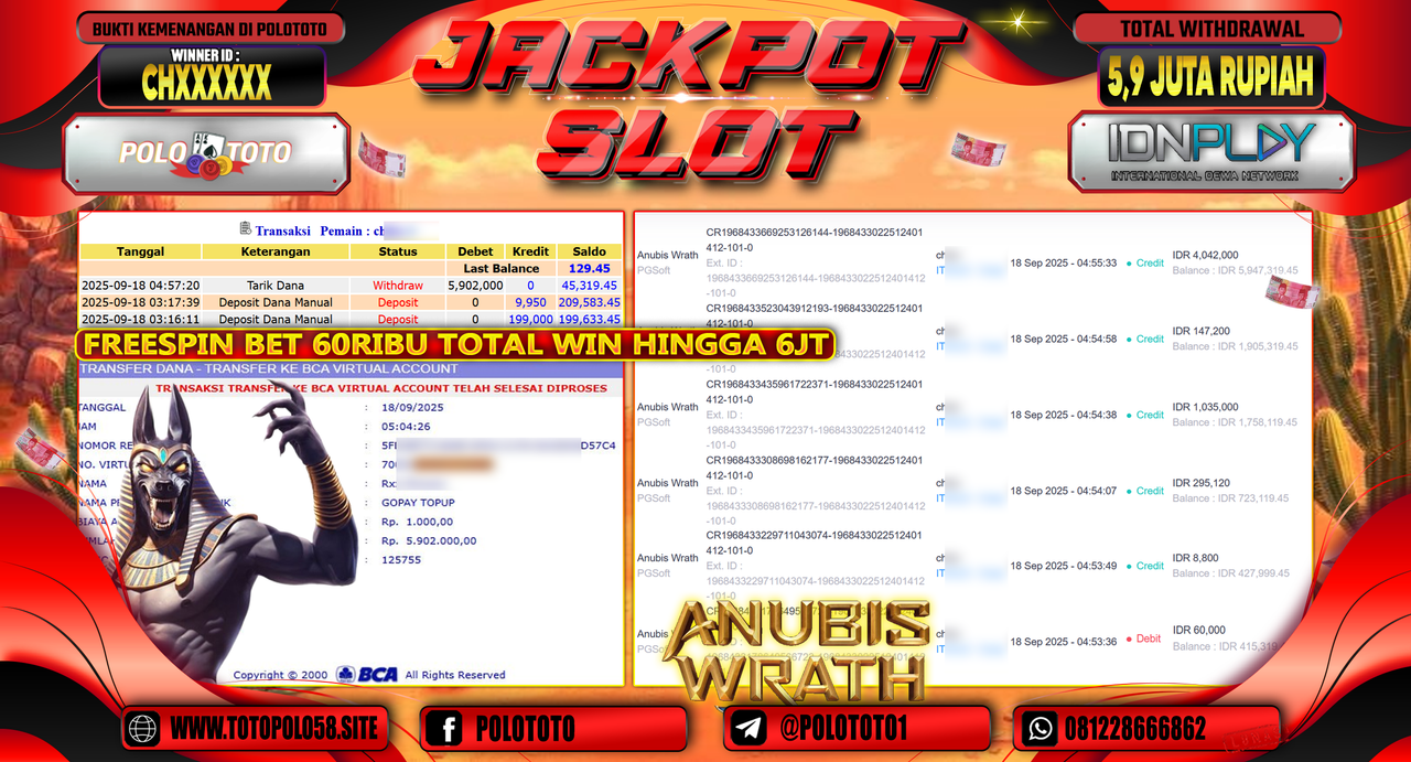 POLOTOTO JACKPOT SLOT ANUBIS WRATH Rp.5.902.000,-