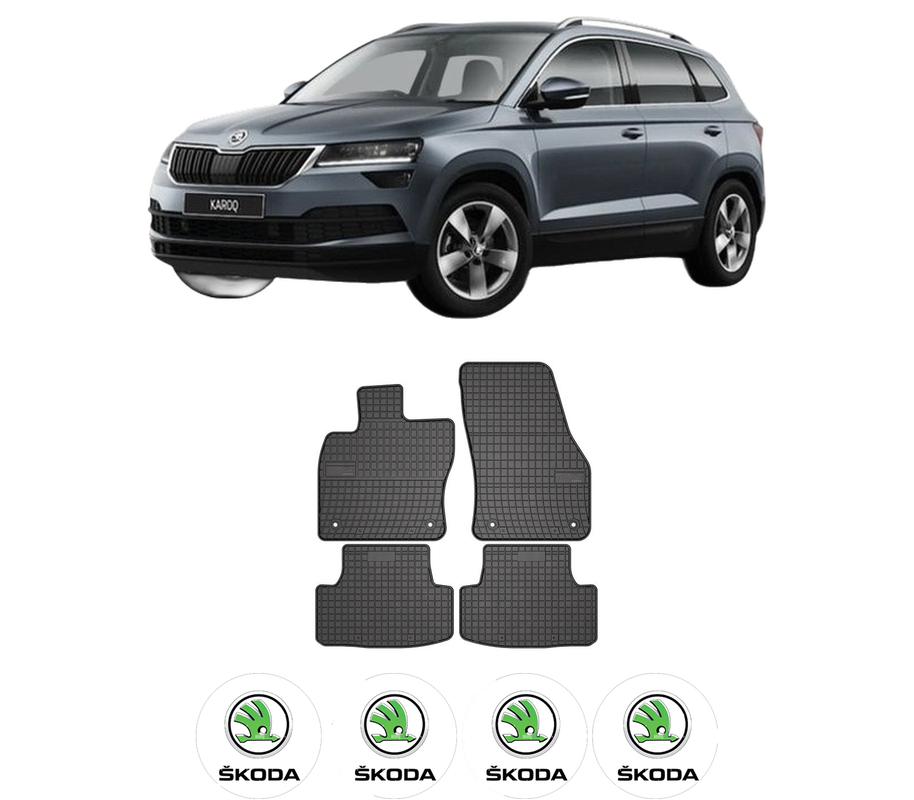 Set covorase presuri SKODA KAROQ (NU7, ND7) din 2017-2020, auto, din cauciuc thermoplastic, 4 Stickere auto cu SKODA