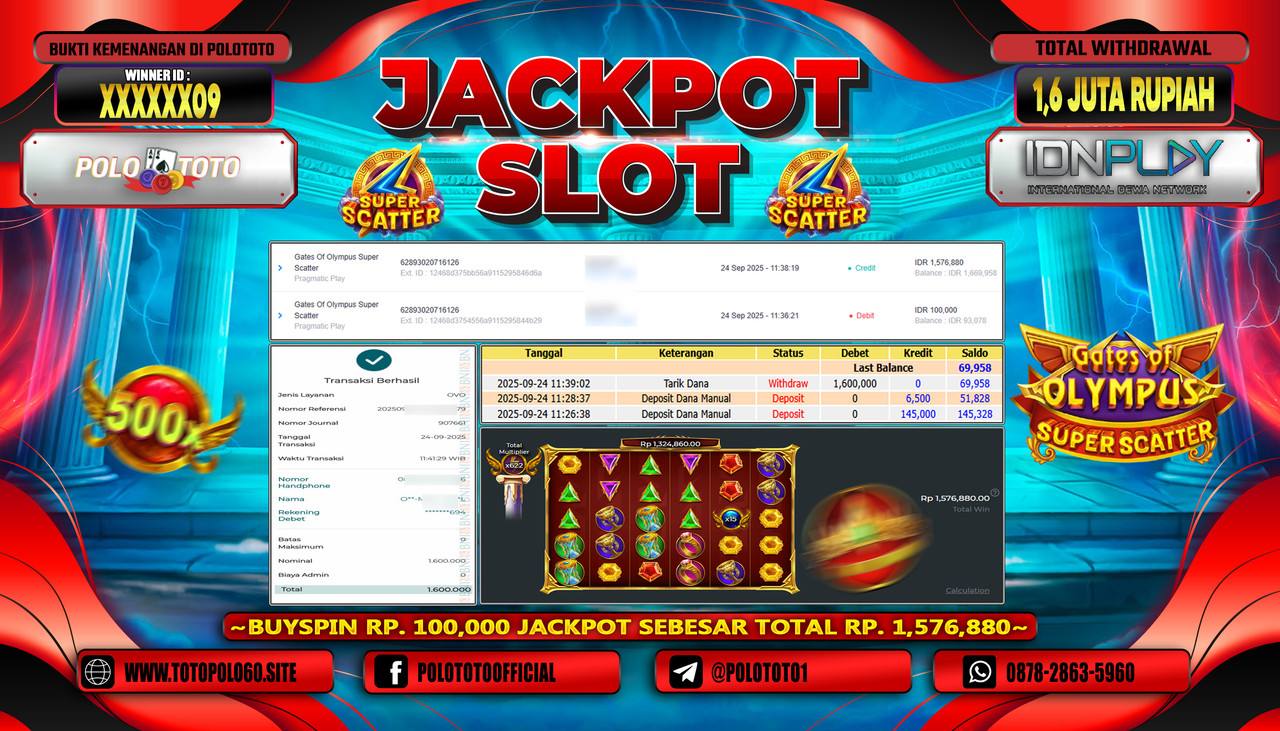 POLOTOTO JACKPOT SLOT GATES OF OLYMPUS SUPER SCATTER Rp.1.600.000,- LUNAS