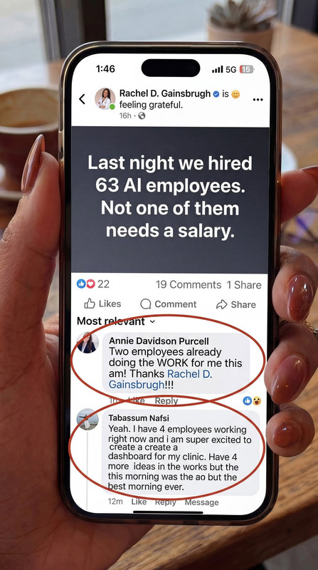 Rachel's Facebook post showing 63 AI employees hired, with comments from Annie and Taba circled