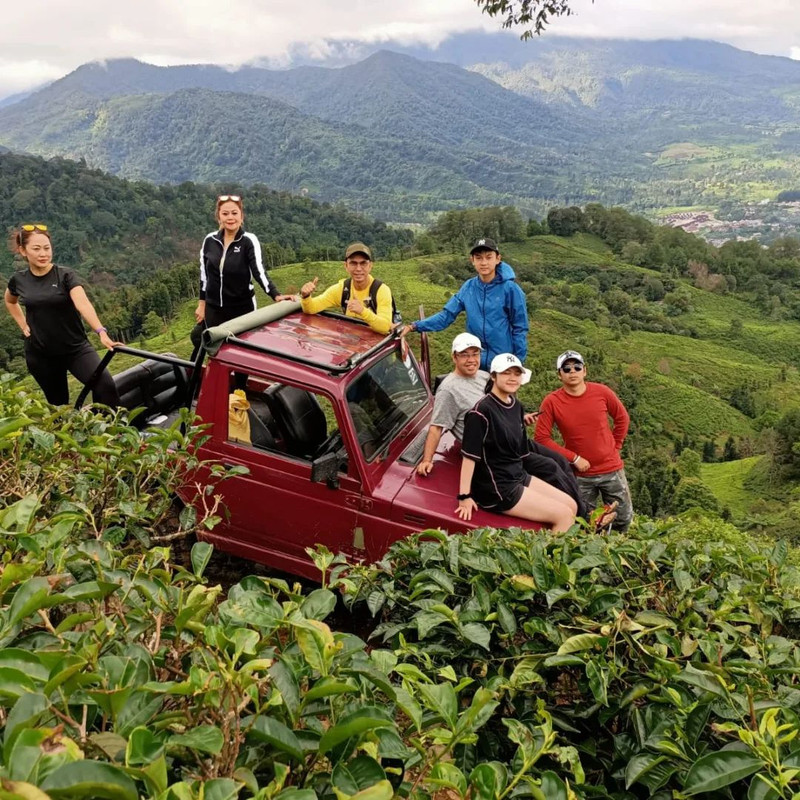 Pengunjung sedang offroad menjelajahi perkebuna teh di Telaga Saat, tempat wisata di Puncak Bobor.